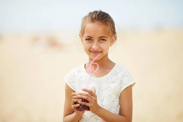 Portrait Smiling Pretty Little Girl White Lace Shirt Drinking Cocktail — Stock Photo, Image