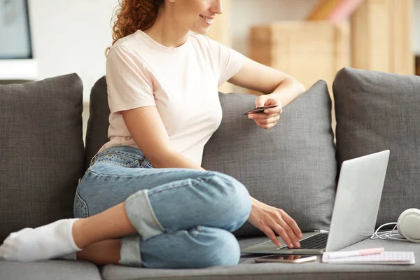 Close Positive Young Woman Sitting Sofa Cushions Using Credit Card — Stock Photo, Image