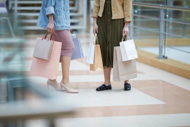 Büyük alışveriş merkezinde stilist ile alışveriş yapıyor kağıt torbaile tanınmayan kadın