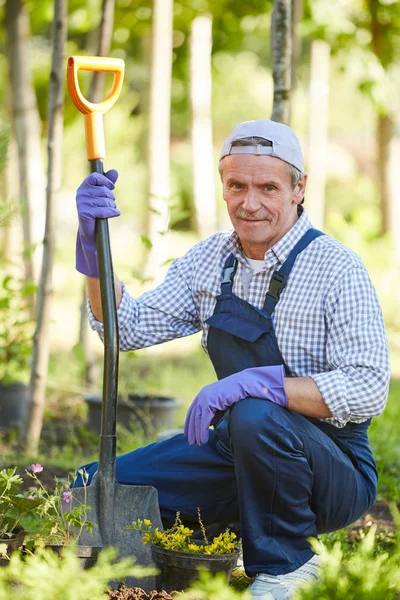 Bahçede Çalışan Kameraya Bakan Olgun Adamın Tam Uzunlukta Portre — Stok fotoğraf