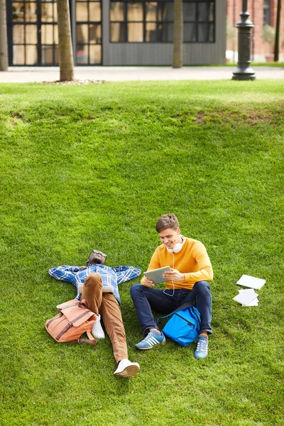 Kampüste yeşil çimenler üzerinde yatan ve açık havada dinlenen iki öğrencinin yüksek açılı portresi, kopya alanı