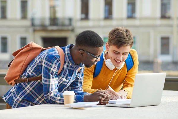 Waist up portrait of two international students doing homework together standing outdoors in campus, copy space