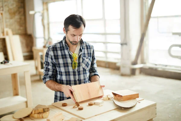 Atölyede ahşap ile çalışan olgun marangoz portresi, kopya alanı