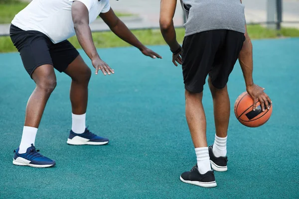 Back View Low Angle Two African American Guys Playing Basketball — Stock Photo, Image