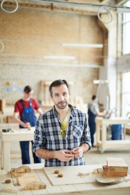 Atölyede ahşap ile çalışırken kameraya bakan olgun marangoz un bel kadar portresi