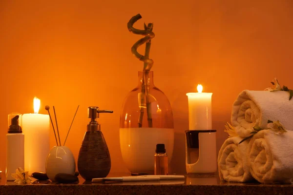 Warm Toned Spa Background Candles Lit Aroma Therapy Copy Space — Stock Photo, Image