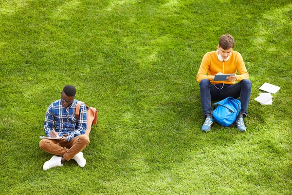 Ευρεία Γωνία Πορτραίτο Δύο Μαθητών Που Κάθονται Πράσινο Γρασίδι Στην — Φωτογραφία Αρχείου