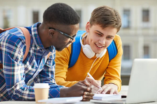 Porträtt Två Internationella Högskolestudenter Gör Läxor Tillsammans Utomhus Campus — Stockfoto