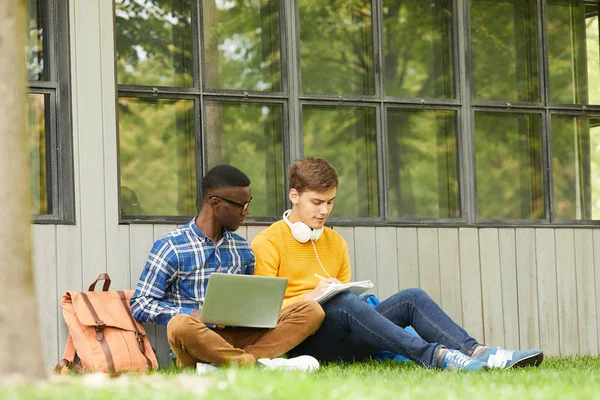 Retrato Completo Dos Estudiantes Internacionales Haciendo Tareas Aire Libre Mientras — Foto de Stock