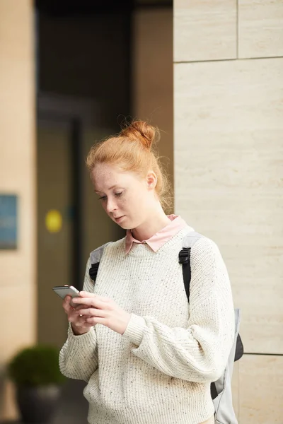 Waist Portrait Red Haired Young Woman Using Smartphone While Walking — Stock Photo, Image