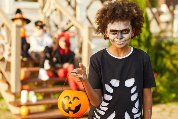 Waist Portrait African American Boy Wearing Halloween Costume Looking Camera — Stock Photo, Image