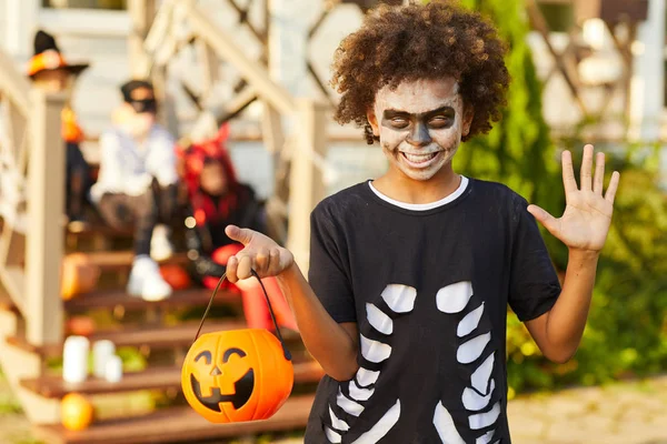 Waist Portrait African American Boy Wearing Halloween Costume Looking Camera — Stock Photo, Image