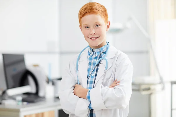 Waist Portrait Cute Red Haired Boy Posing Doctor Wearing White — Zdjęcie stockowe