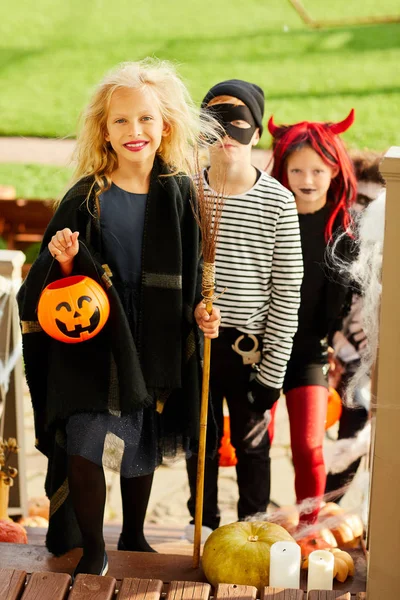 Full Length Portrait Children Trick Treating Halloween Standing Stairs Row — Stock Photo, Image