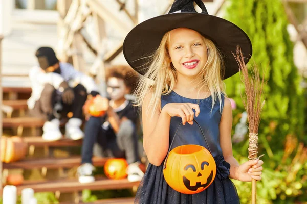 Waist Portrait Cute Little Girl Wearing Halloween Costume Looking Camera — Stock Photo, Image