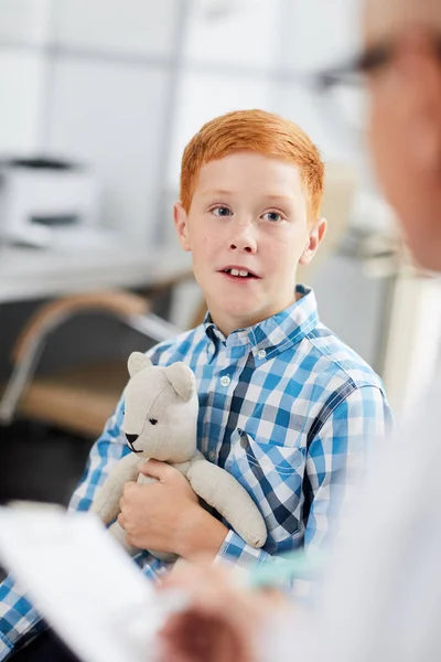 Portrait Cute Red Haired Boy Holding Bear Toy Looking Doctor — Stockfoto