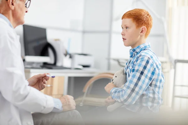 Side View Portrait Red Haired Teenage Boy Holding Toy Bear — Stock Photo, Image