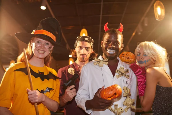 Waist Portrait Adult People Wearing Halloween Costumes Posing Witches Pirates — Stock Photo, Image