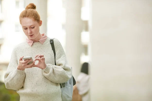 Waist Portrait Red Haired Young Woman Using Smartphone Outdoors While — Stock Photo, Image