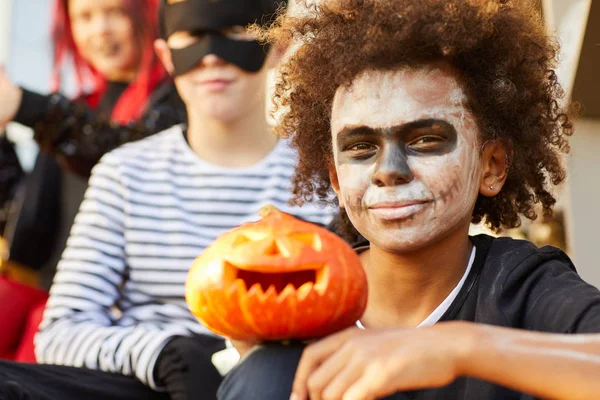 Portrait African American Boy Wearing Halloween Costume Looking Camera While — Stock Photo, Image