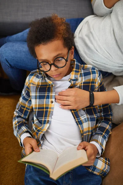 Top View Portrait Cute African Boy Wearing Big Glasses Reading — Stock Photo, Image