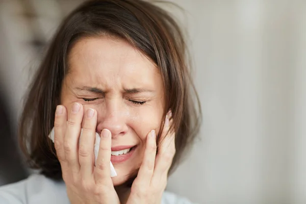 Close Portrait Disheveled Adult Woman Crying Hysterically Eyes Closed Holding — Stock Photo, Image