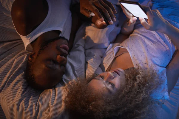 High Angle Portrait Young Mixed Race Couple Lying Bed Night — Stock Photo, Image