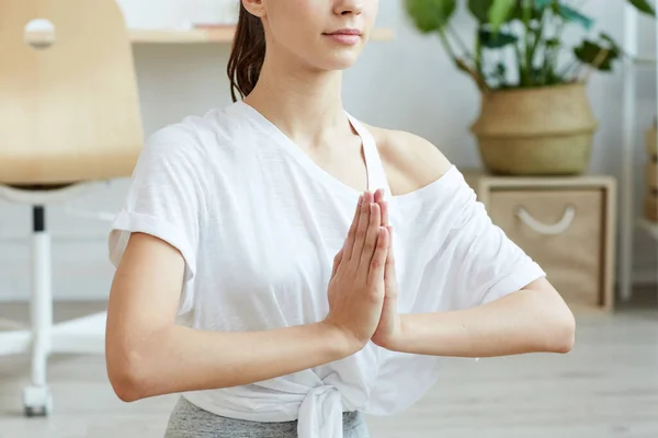 Cropped Portrait Contemporary Young Woman Doing Yoga Home While Sitting — Stock Photo, Image