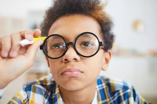 Close Portrait Cute African American Boy Wearing Big Glasses Frowning — Stock Photo, Image