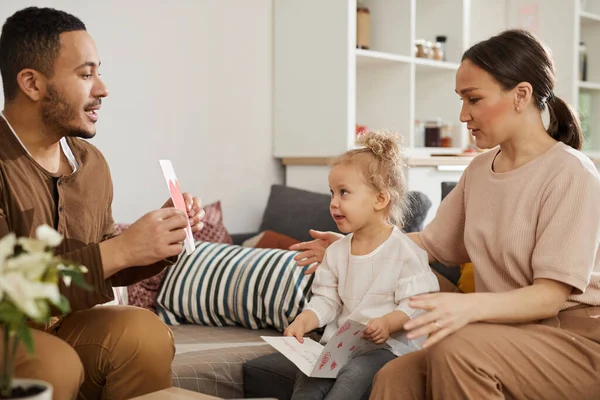 Young Father Showing Handmade Picture Big Red Heart His Little — Stock Photo, Image