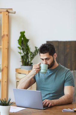 Evde masa başında oturmuş ev bitkileriyle süslenmiş dizüstü bilgisayar kullanan yakışıklı sakallı adamın dikey portresi.
