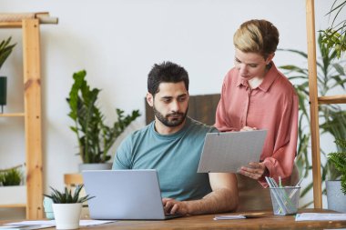 Modern ofis içinde masa başında çalışan yakışıklı sakallı adama belgeleri gösteren kadın asistanın portresi.