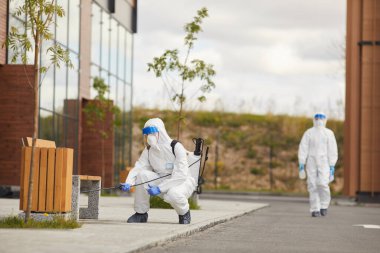 Full length portrait of two workers wearing protective suits spraying chemicals over bench outdoors during disinfection or cleaning, copy space clipart