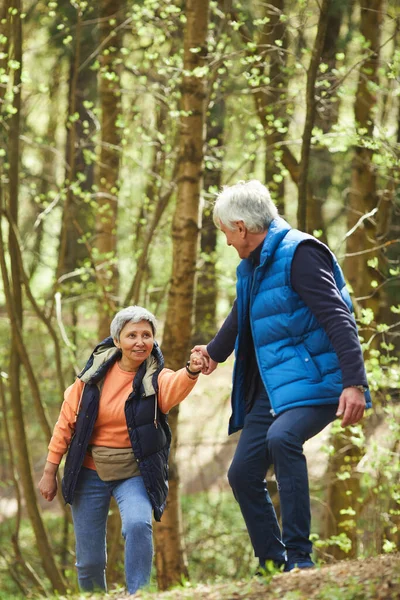 Vertikalt Helaftens Portrett Aktive Seniorpar Som Hjelper Hverandre Når Klatrer – stockfoto