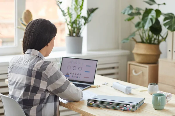 Achteraanzicht Portret Van Moderne Jonge Vrouw Zoek Naar Laptop Scherm — Stockfoto