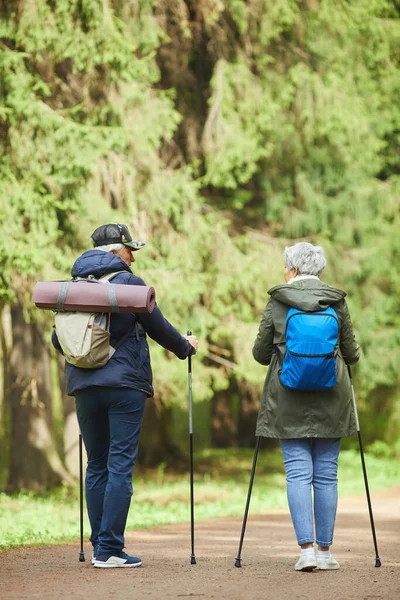 Ritratto Verticale Posteriore Coppia Anziana Attiva Che Gode Nordic Walking — Foto Stock