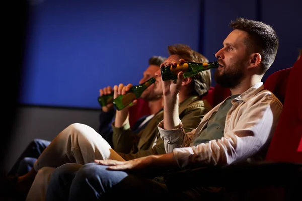 Side View Group Men Watching Movie Cinema Drinking Beer While — Stock Photo, Image