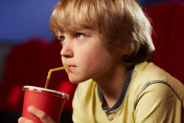 Head Shoulders Portrait Cute Blonde Boy Drinking Soda While Watching — Stock Photo, Image