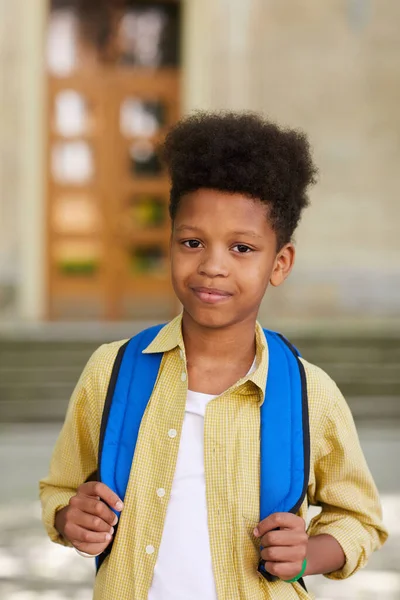 Svislý Pas Nahoru Portrét Afroamerického Školáka Nesoucího Batoh Usmívajícího Před — Stock fotografie