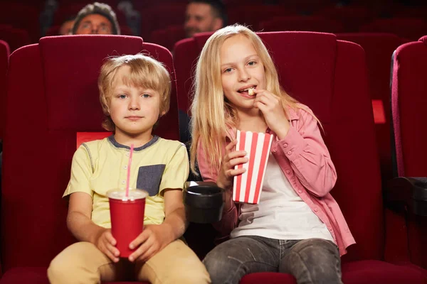 Front View Portrait Two Cute Kids Watching Movie Cinema Theater — Stock Photo, Image