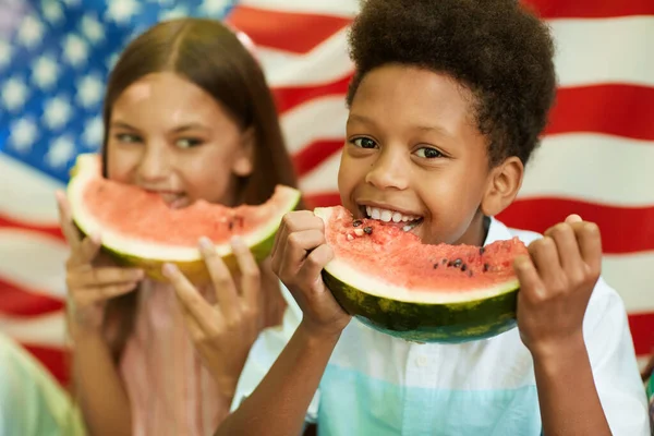 Portrait Smiling African Boy Holding Watermelon Looking Camera American Flag — Stock Photo, Image