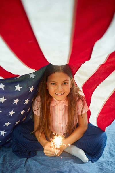 High Angle Portrait Cute Girl Holding Sparkling Lights Smiling Camera — Stock Photo, Image