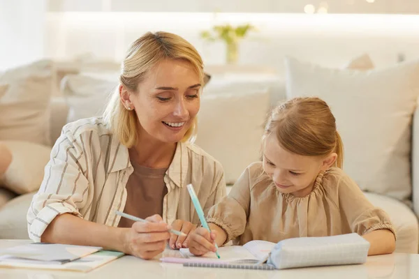 Warm Toned Portrait Happy Modern Mother Drawing Pictures Studying Cute — Stock Photo, Image