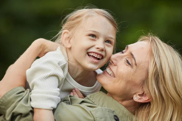 Close Portrait Happy Mother Playing Cute Little Girl Outdoors While — Stock Photo, Image