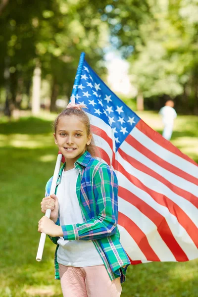 Vertical Waist Portrait Smiling Teenage Girl Carrying American Flag While — Stock Photo, Image