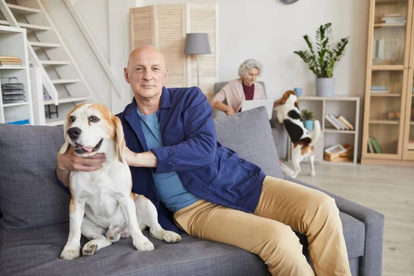 Retrato Hombre Mayor Moderno Con Perro Sentado Sofá Sonriendo Cámara — Foto de Stock