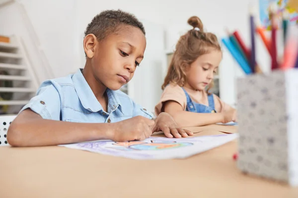 Portrait Cute African American Boy Coloring Pictures Crayons While Enjoying — Stock Photo, Image
