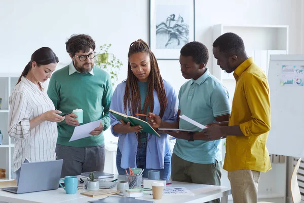 Portrait Contemporary Multi Ethnic Business Team Standing Table Office Listening — Stock Photo, Image