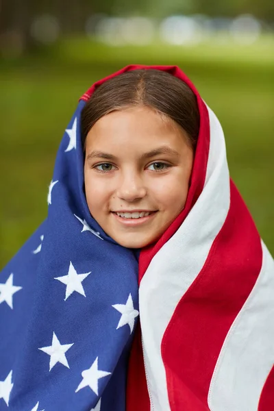 Vertical Full Close Portrait Cute Girl Covered American Flag Smiling — Stock Photo, Image