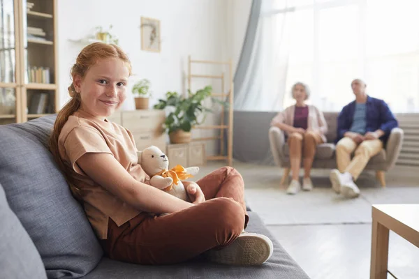 Warm Toned Portrait Cute Red Haired Girl Looking Camera While — Stock Photo, Image